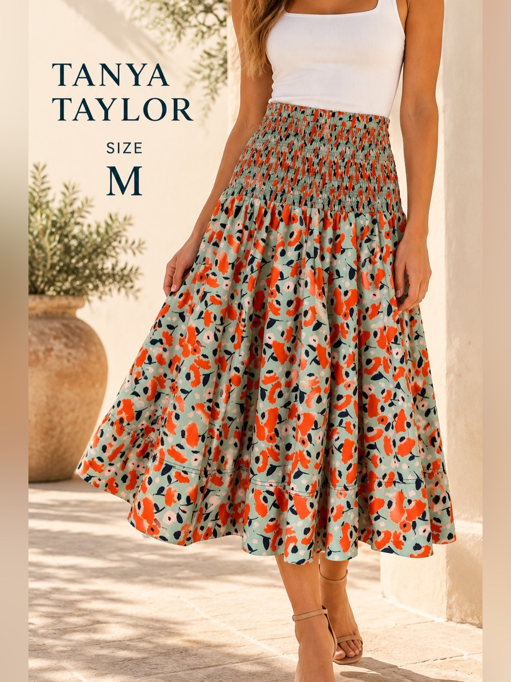 Tanya Taylor Lylia Poppy Fields Smocked Midi Skirt Size M